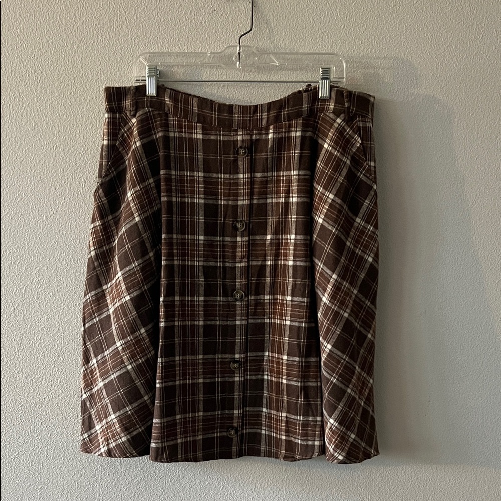 Brown Plaid A-Line Button-Front Skirt